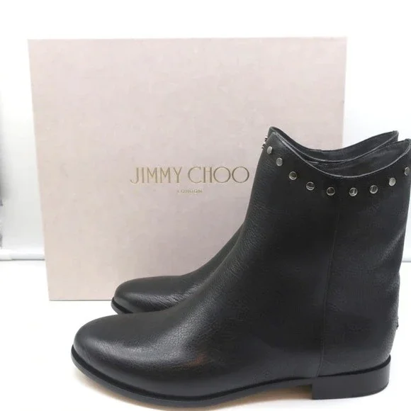Jimmy Choo Marco Flat Ankle Boots Black Studded Leather Size 37 NEW - Picture 1 of 10